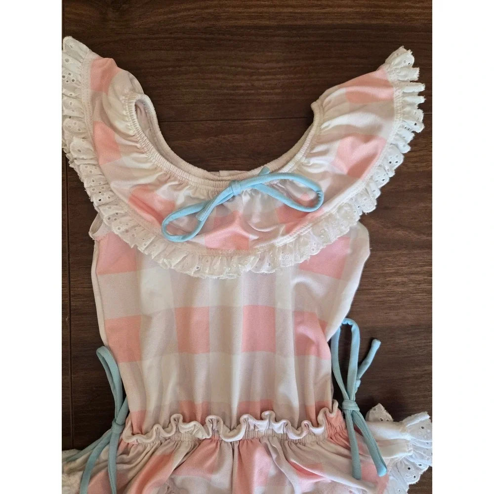 Wildling Girls Pink Gingham Ruffle Eyelet One Piece Swimsuit Size 3‎ Blue Bow